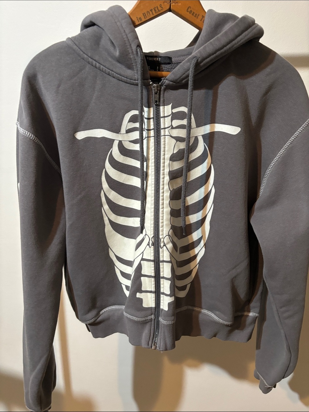 Forever 21 Men’s Charcoal Zip-Up Hoodie with White Skeleton Print